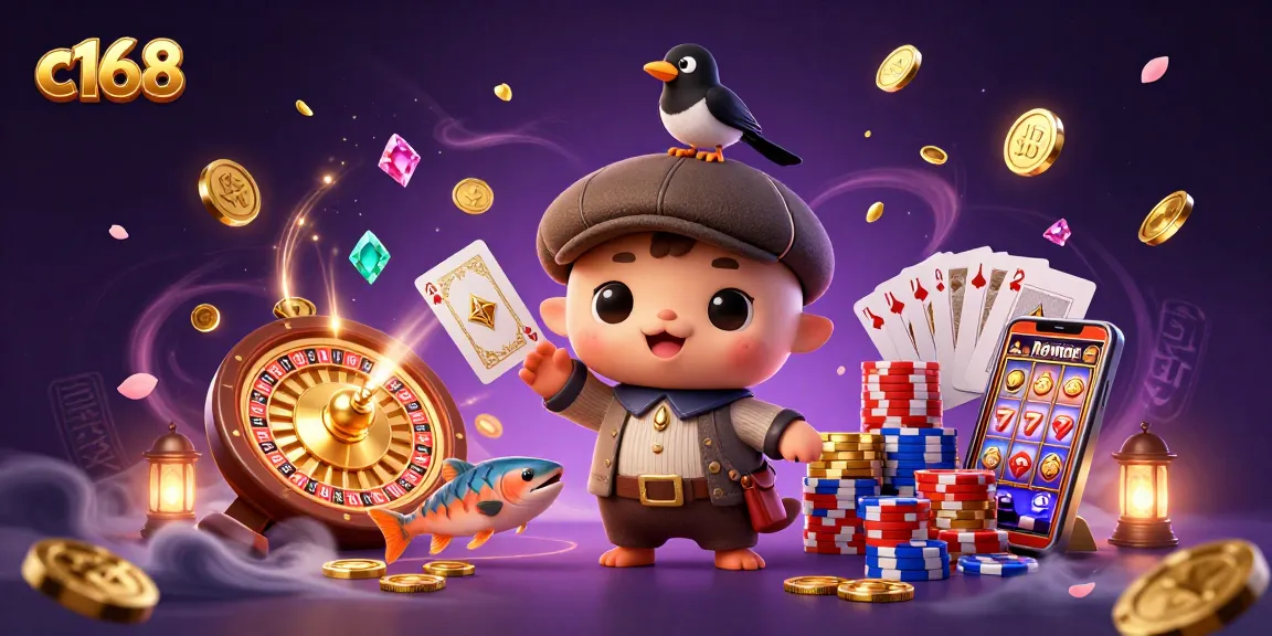 Engage with c168's vibrant casino world, featuring 3D cartoon Nessie and dynamic game elements.