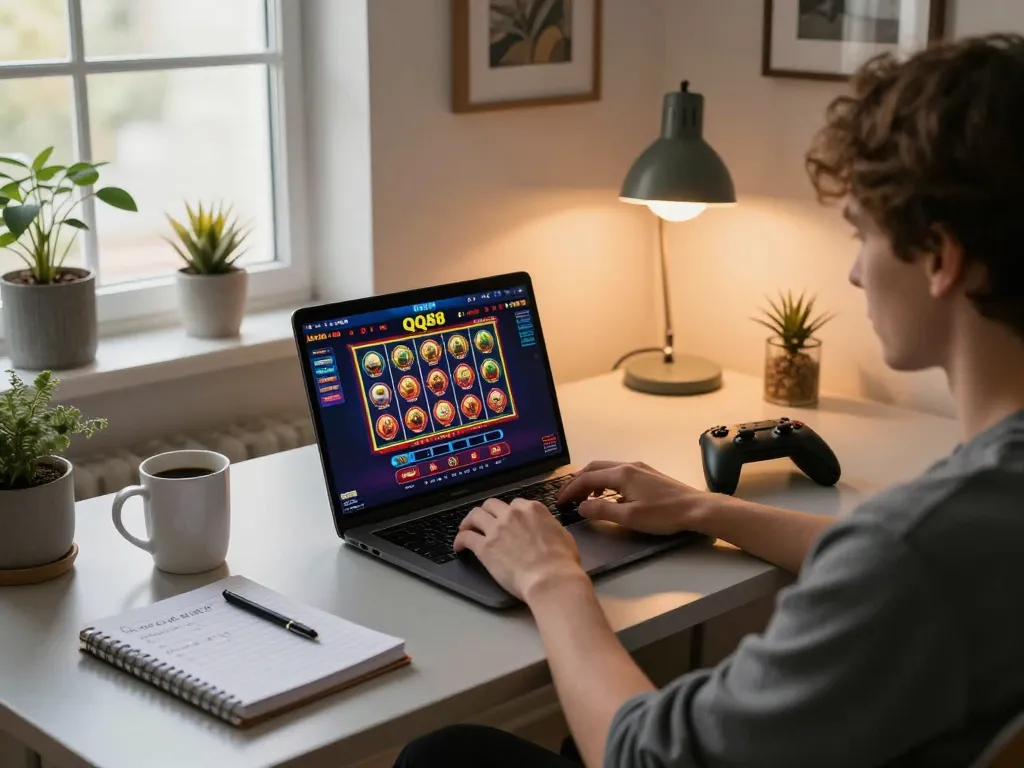 Engaging in an online gaming session on QQ88 at a stylish desk with vibrant casino graphics on the laptop.