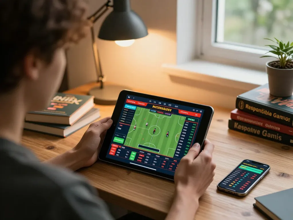 PHTAYA sports betting session on a tablet surrounded by strategy books and smartphone with live odds