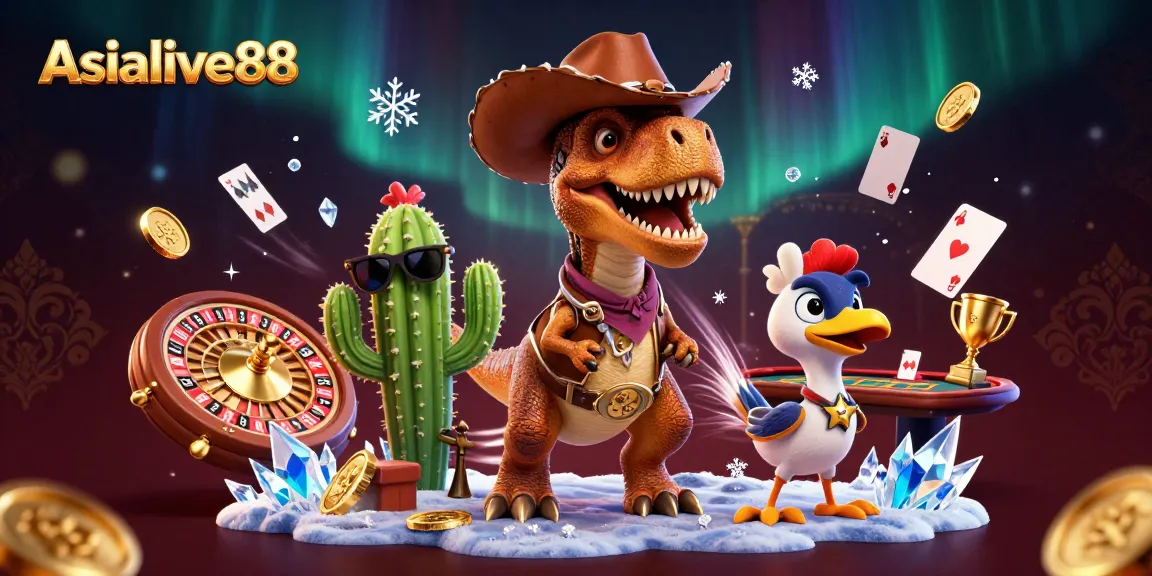 Experience the thrill of live casino action with Asialive88's dynamic gaming scene featuring a T-Rex and companions.