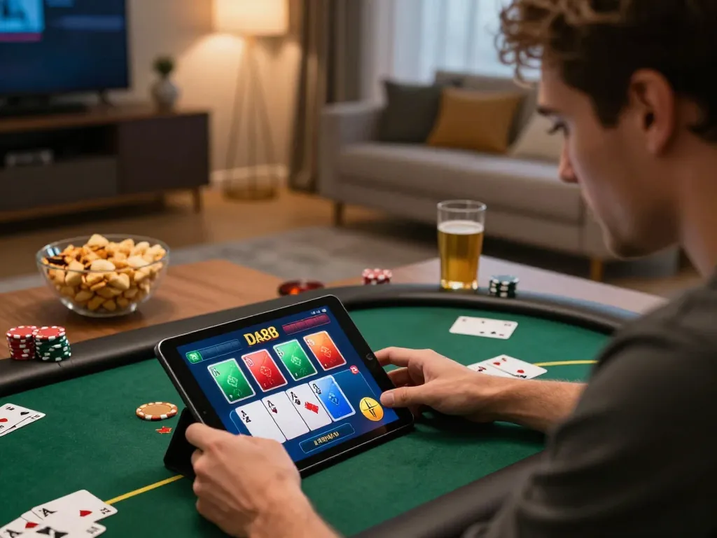 Enjoying intense DA88 poker action on tablet during home gaming night