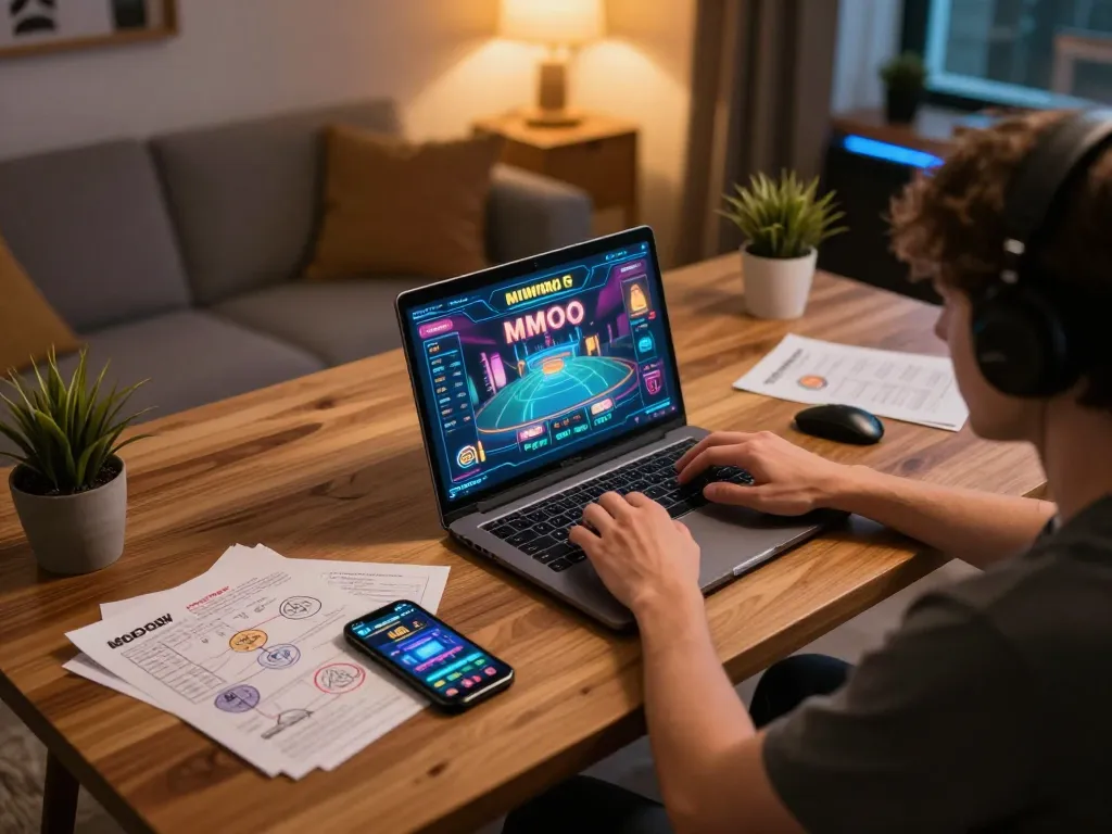 Engaged player enjoying online casino experience with MMOO, showcasing laptop and gaming notes