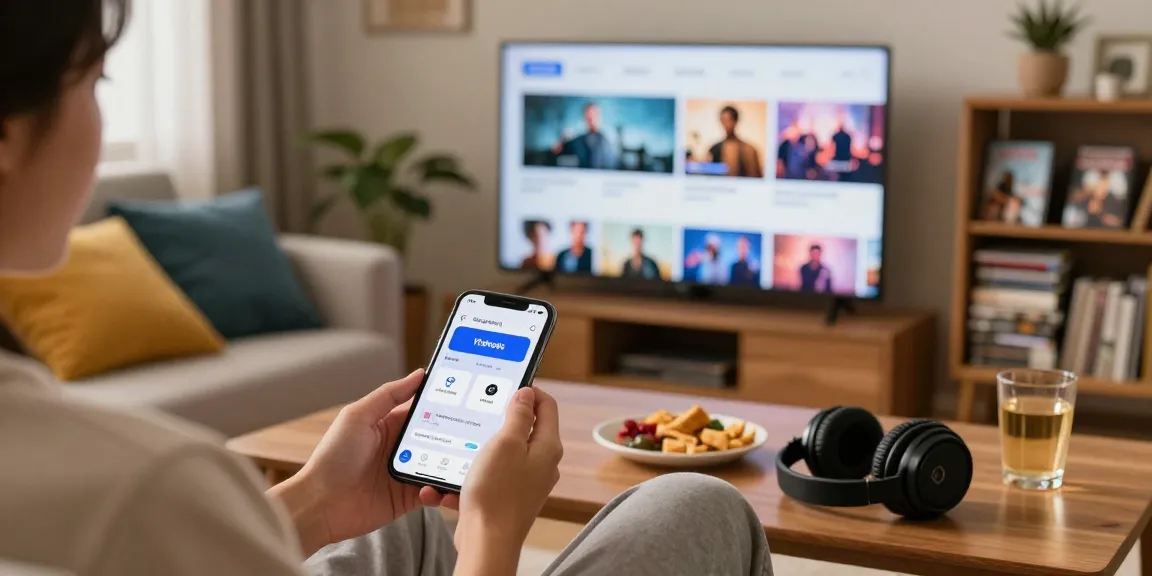 Person using Vidmate app for downloading videos and music in a cozy home setting.