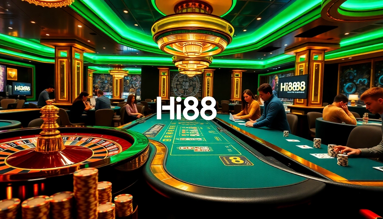 Exciting gaming action at Hi88 casino, featuring a roulette wheel and poker table.