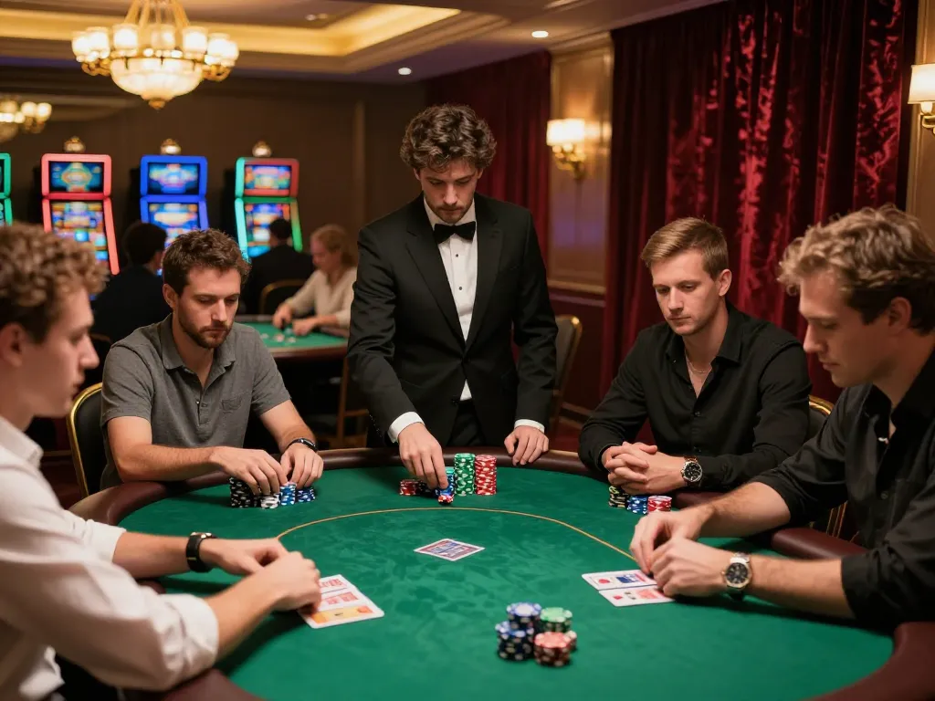 Các người chơi tham gia chiến lược poker tại một sòng bạc cao cấp với không khí sôi động tại LUCK8.