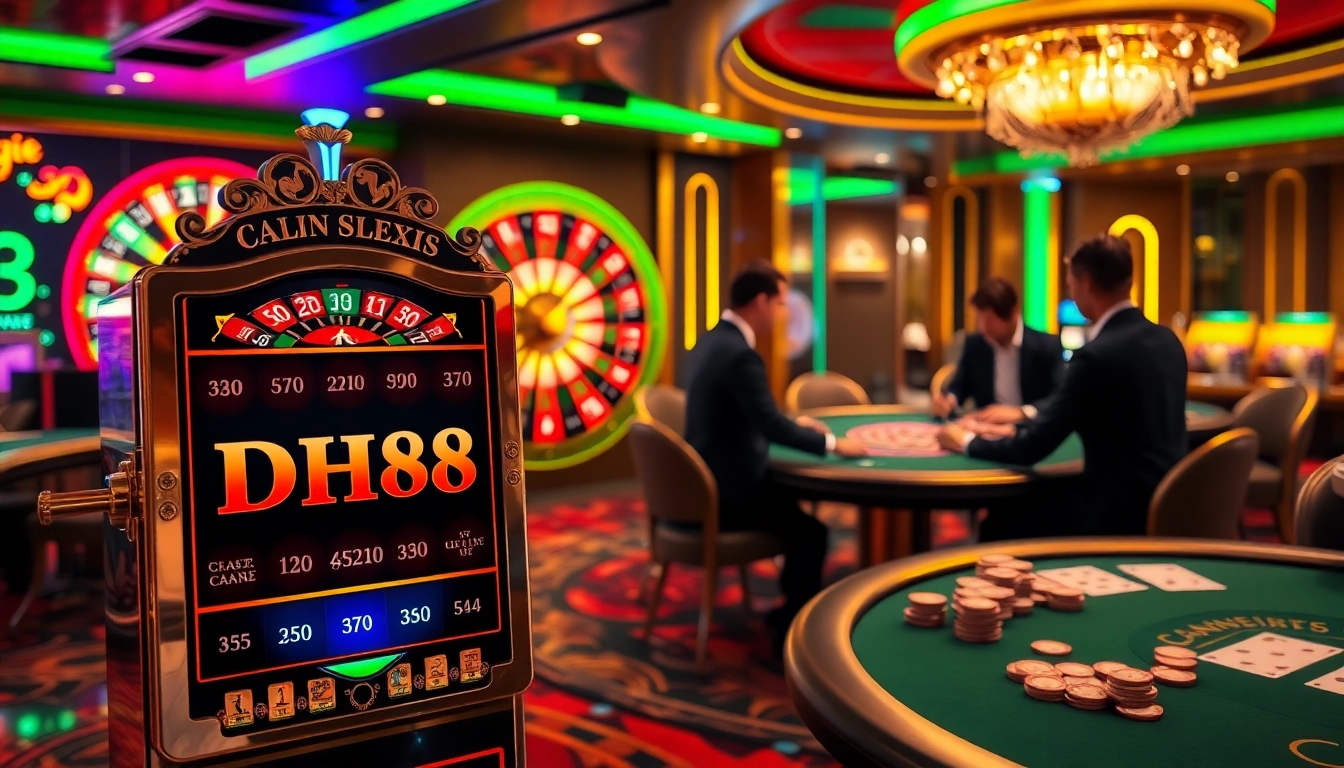 Excited players engaging with the DH88-themed slot machine in a vibrant casino atmosphere