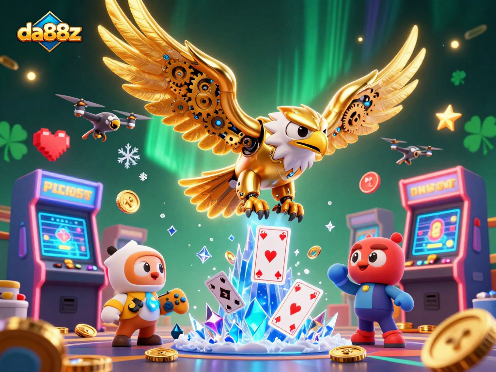 Experience thrilling online gaming at da88z with a vibrant 3D casino scene featuring an eagle amidst colorful playing cards.