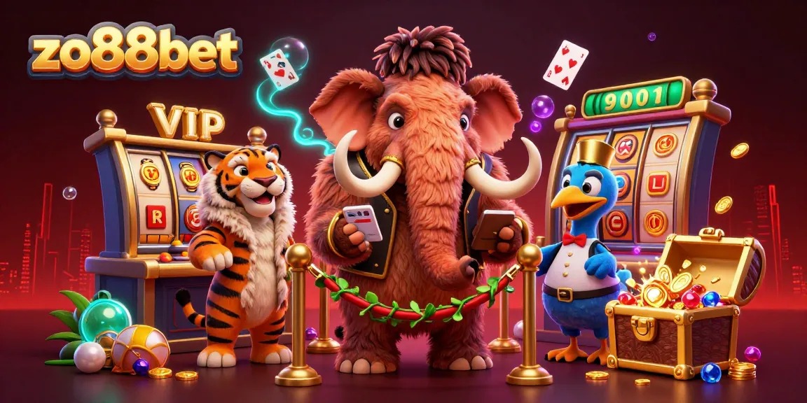 Engage in exciting casino adventures at zo88bet with a vibrant scene featuring a woolly mammoth bouncer, VIP saber-tooth tiger, and floating slot reels.