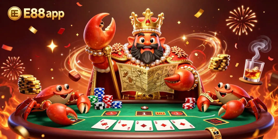 The EE88 app showcases a vibrant scene of a golden crab emperor with poker elements, inviting mobile gamers to join the excitement.