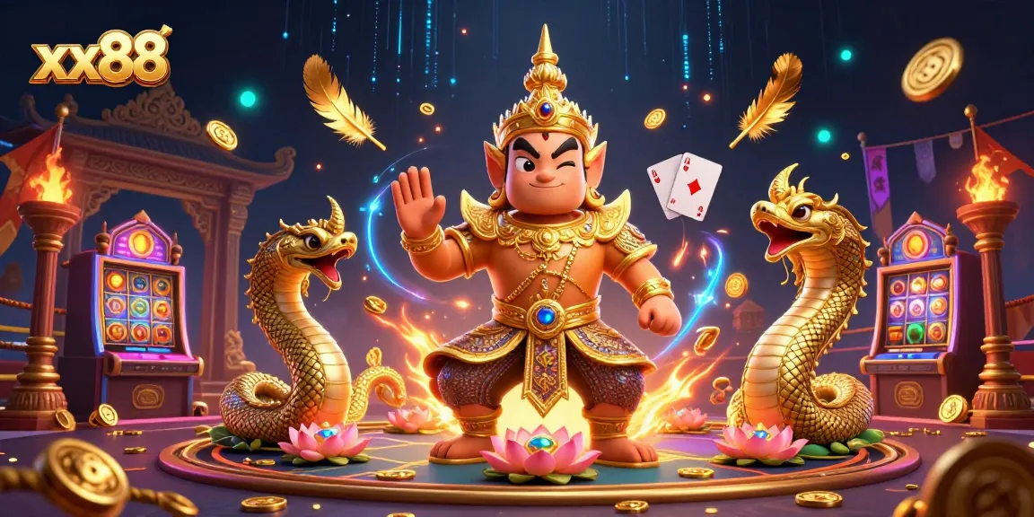 Engage with xx88 in this vibrant gambling scene featuring a Thai guardian and Naga serpents.
