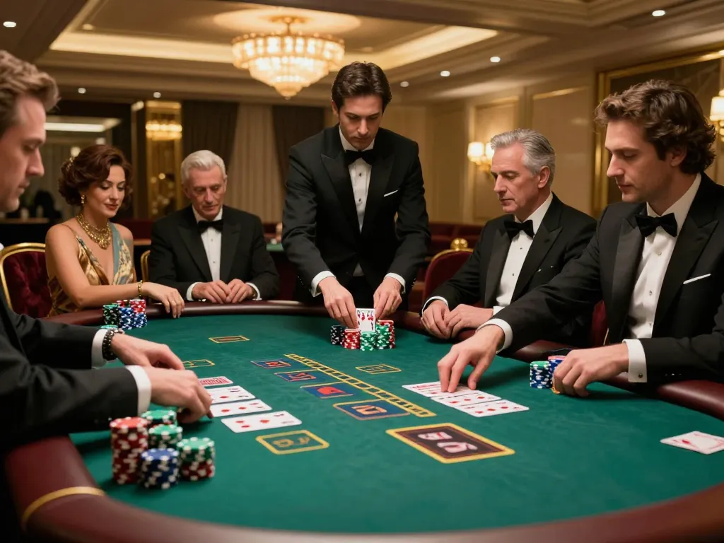 lc88 players engaged in high-stakes blackjack at a luxury casino table with dealer shuffling cards.