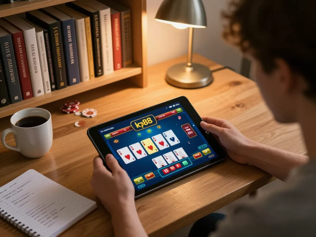 Engaging player using kp88 poker app on a tablet, surrounded by strategic notes and warm home lighting