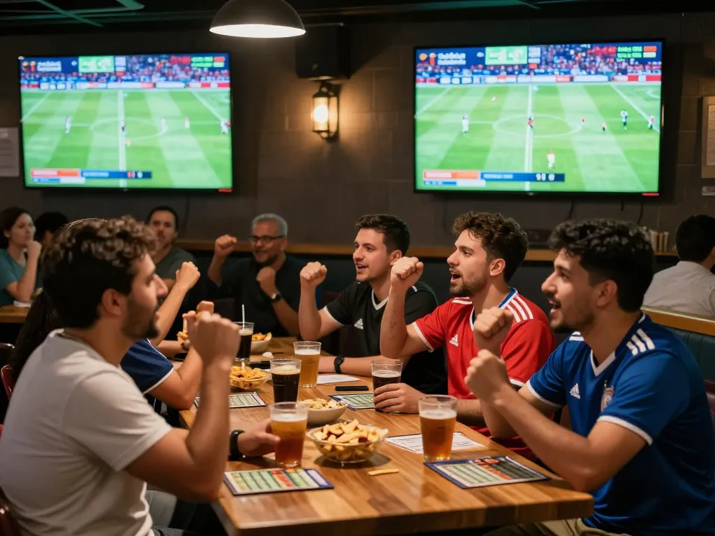 Cakhia fans cheering in an energetic sports bar during a live soccer match