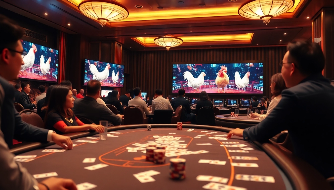 Live action of ĐÁ GÀ 88 with vibrant casino gaming elements, featuring spectators and betting interfaces.
