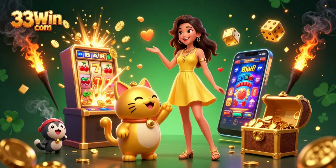 Experience winning at 33Win com with vibrant slots, golden coins, and lucky symbols in a lively casino scene.