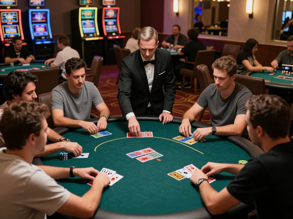 A lively poker game in progress at a casino featuring players deeply engaged, showcasing sc88k strategies in action.