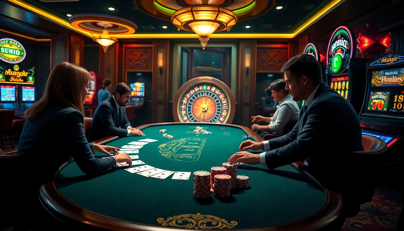 Thrilling gaming experience at nohu90 casino with vibrant tables and slot machines.