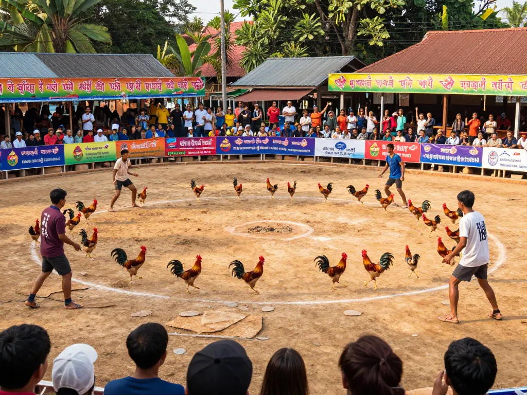 Cảnh tượng thú vị của đá gà trường cam đang diễn ra với những người hâm mộ nhiệt tình cổ vũ cho các trận đấu hấp dẫn
