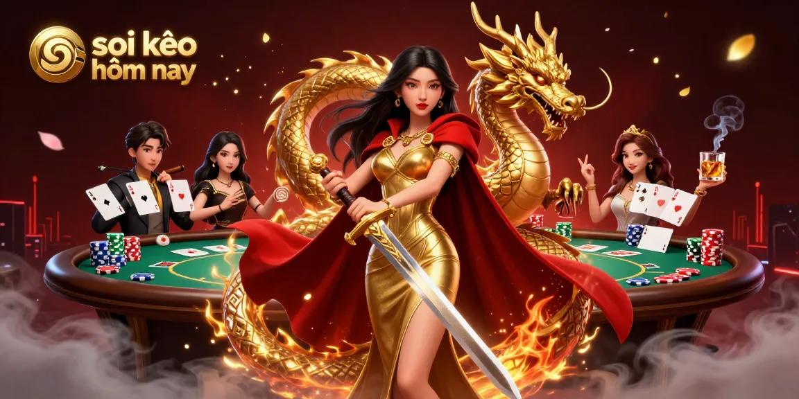 Soi kèo hôm nay highlights a stunning warrior queen at a vibrant poker scene.