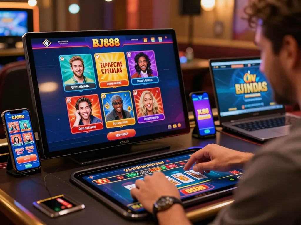 Engaging image of a player on https://hapify.io/ enjoying an interactive online gambling experience on a tablet amidst vibrant gaming graphics.