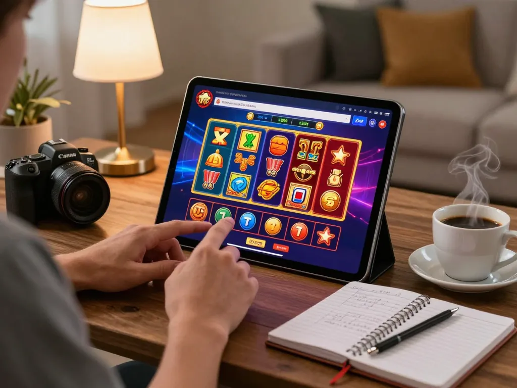 Engaging online casino gaming with uk88 interface on tablet, highlighting strategic betting moments in a cozy setting.