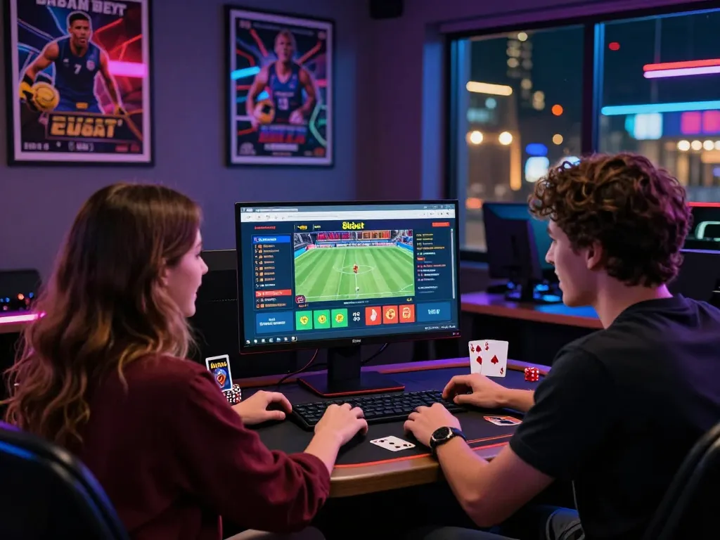 Couple enjoying online betting on the 8kbet platform in a vibrant atmosphere.