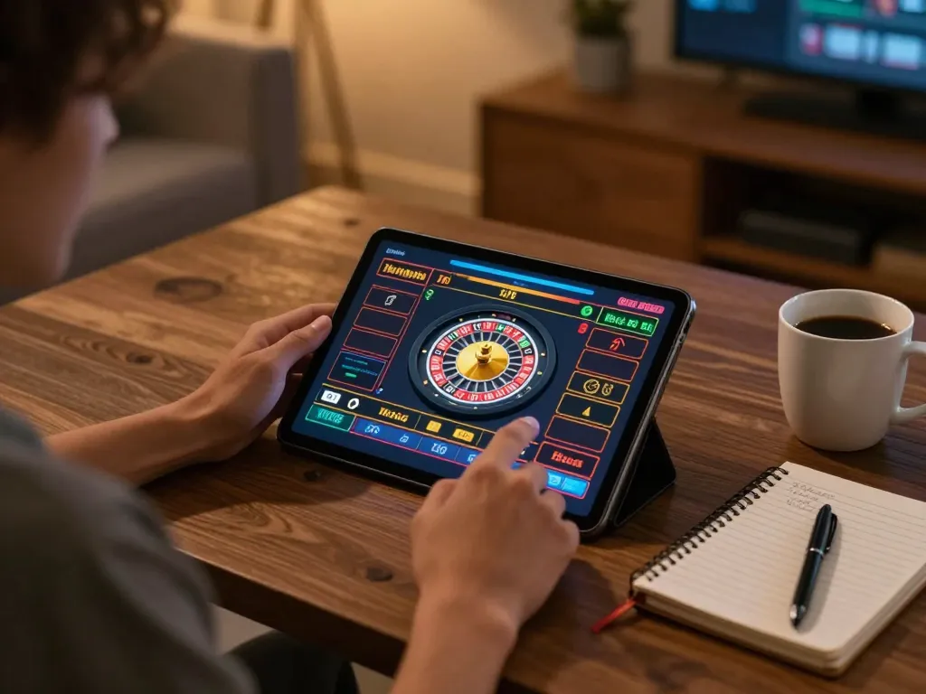 Miso88 online roulette gaming on tablet in home setting, showcasing excitement and comfort of responsible gambling.