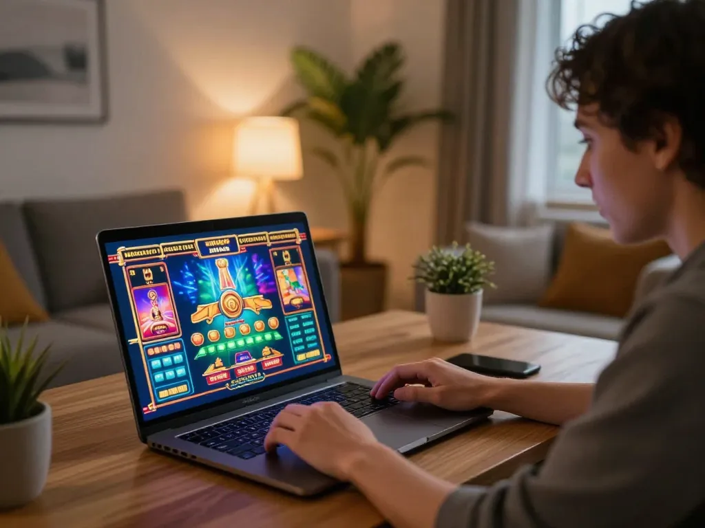 Engaging in online slots gaming with Link SC88 on the screen in a cozy home setup