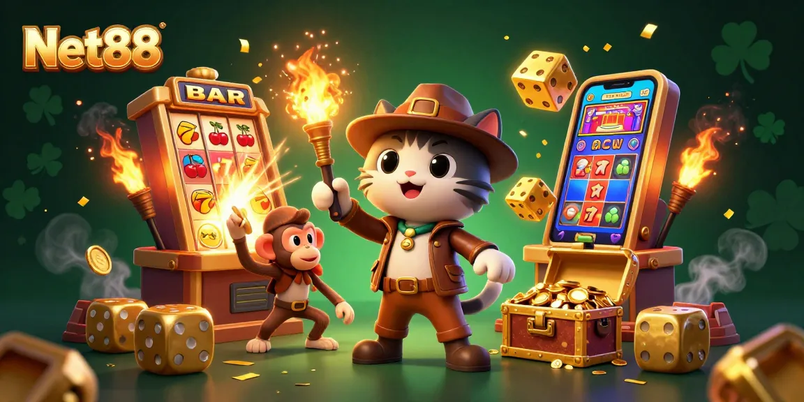 Experience the excitement of Net88 with a vibrant 3D scene featuring lucky symbols and a jackpot explosion.