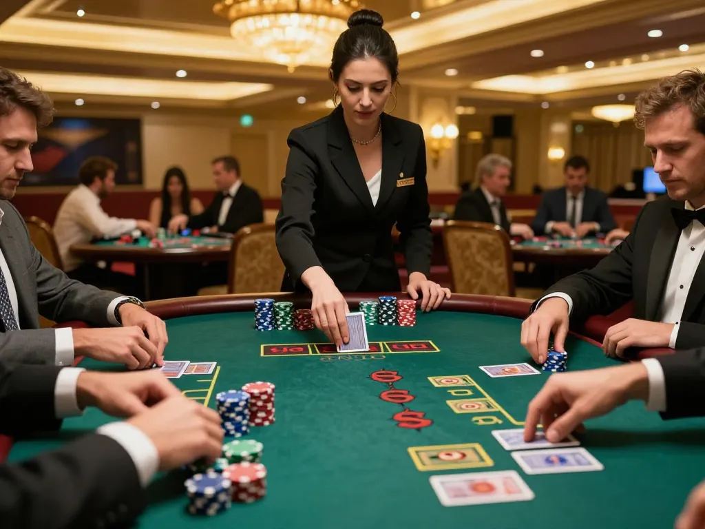 Fly88 players strategizing at a luxury blackjack table with dealer managing bets