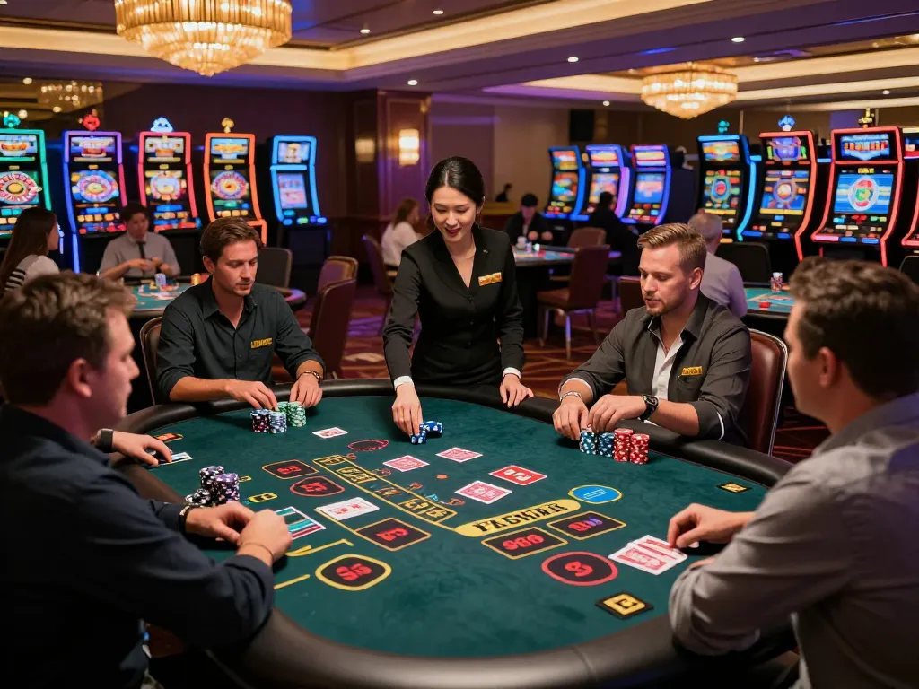 Players engaging in Power Blackjack at SC88's modern casino floor, exciting gameplay with visible bets.