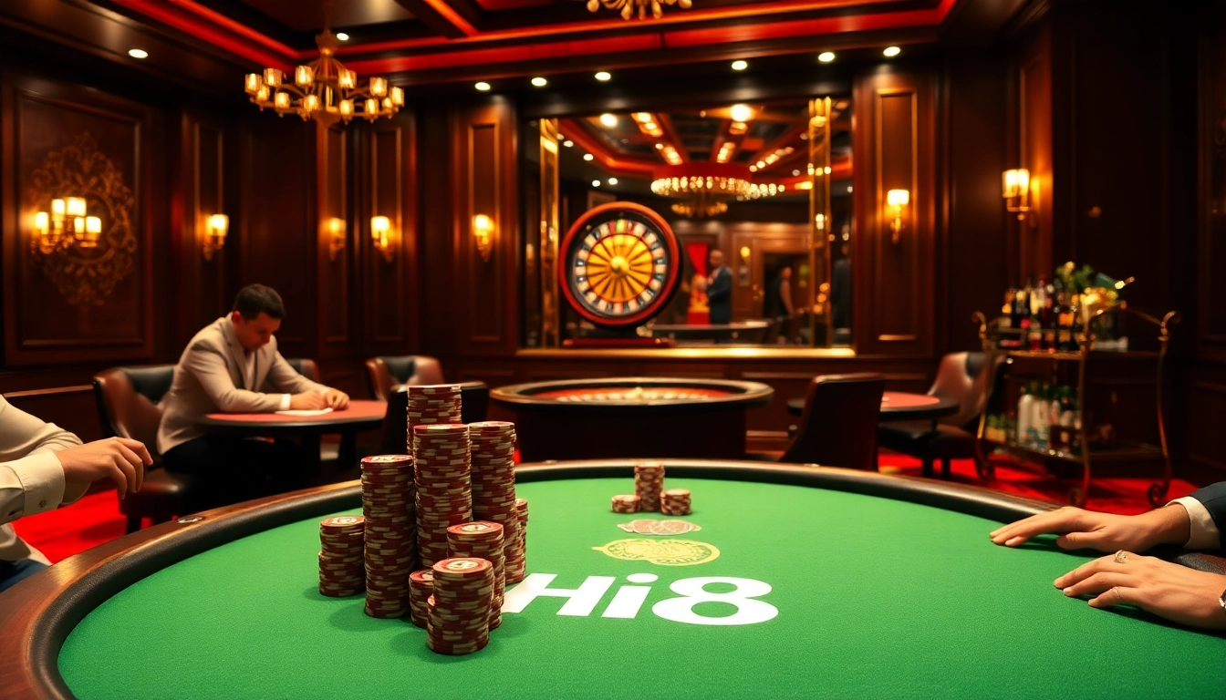 Exciting poker game setting at Hi88 casino, showcasing players and high-stakes atmosphere.