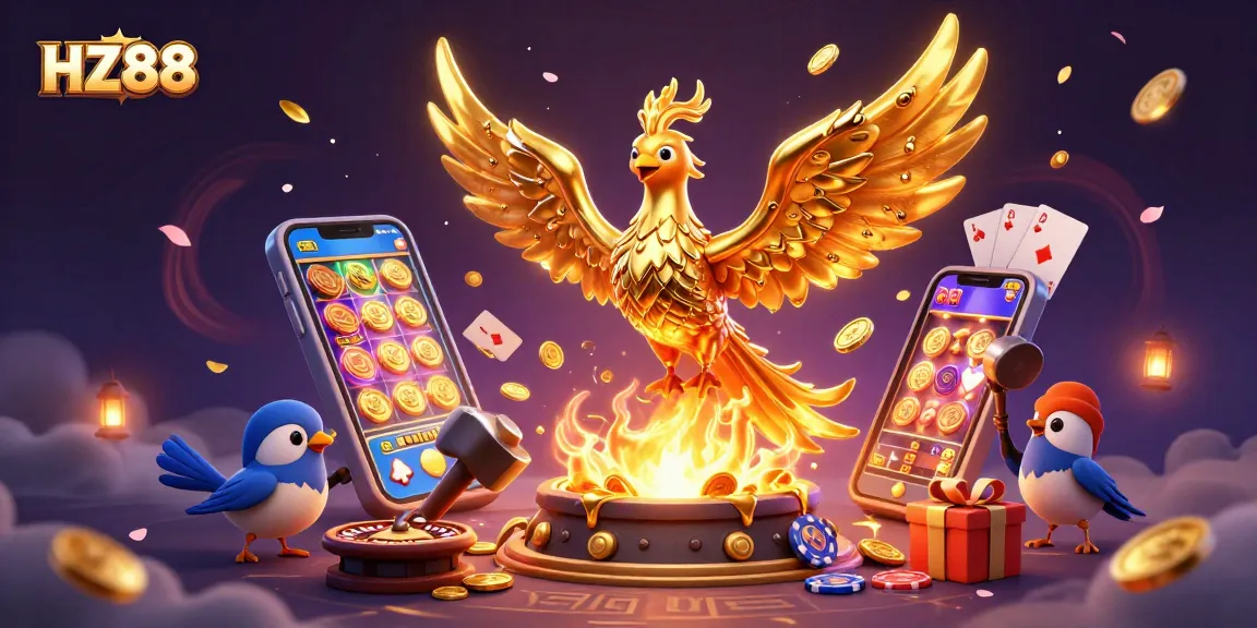 Engage in thrilling gameplay on HZ88, featuring a golden phoenix emerging from a molten forge with gaming elements.