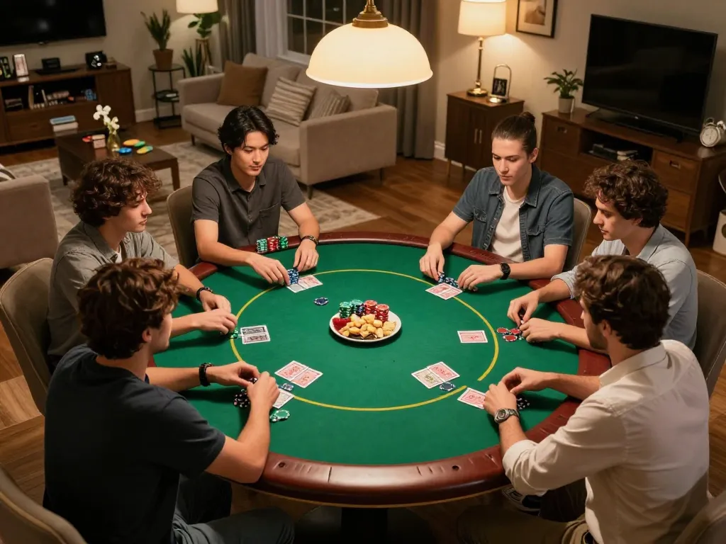 Friends enjoying a game of Texas Hold'em during a cozy home poker night at 99Win.
