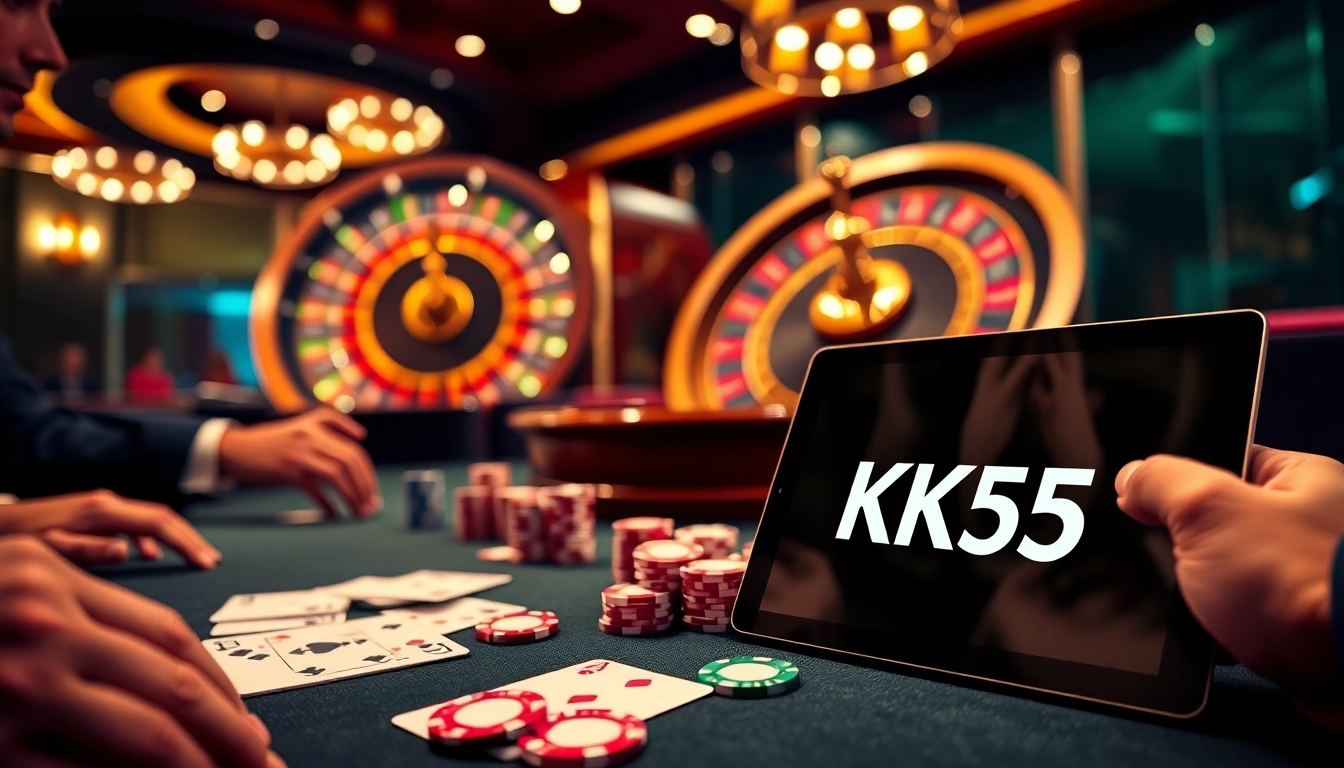 Join the excitement at KK55 with lively poker tables and vibrant gaming action.