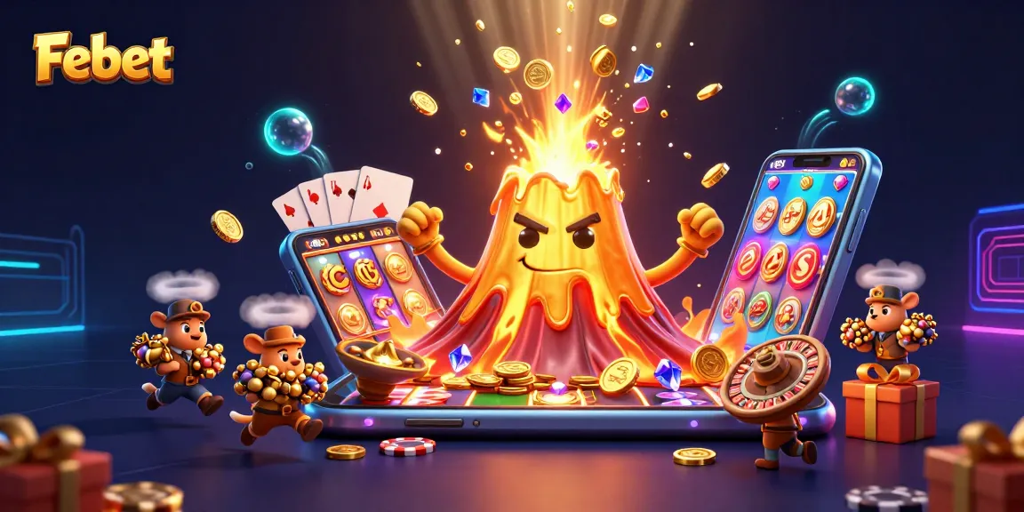 Experience Febet's thrilling casino gaming with a 3D cartoon eruption of golden treasures and dynamic gameplay elements.