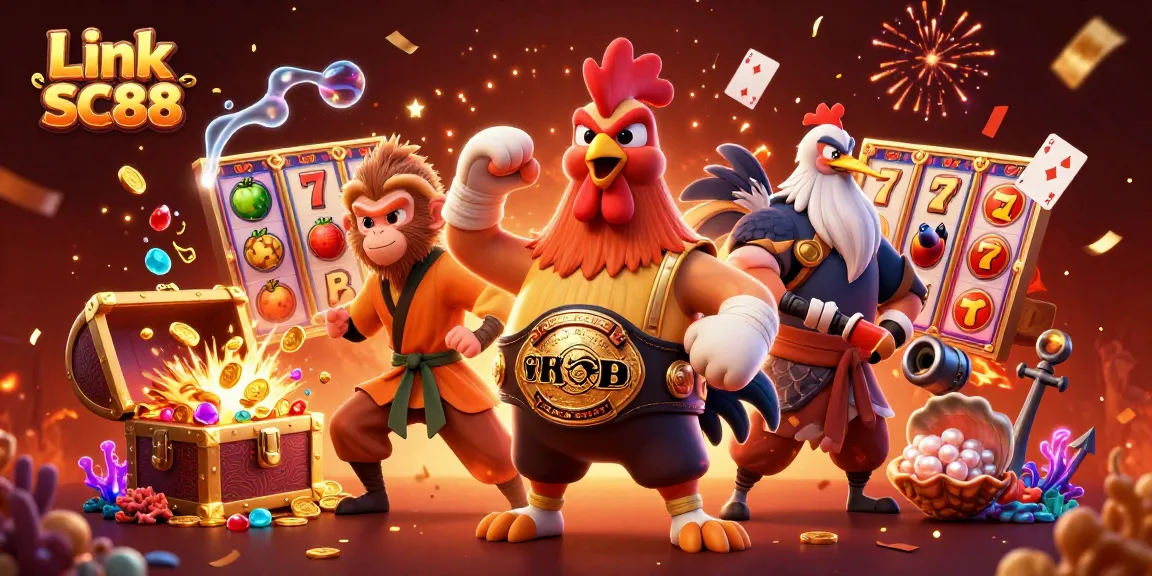 Engage with Link SC88 showcasing a dynamic casino scene with vibrant characters and lively gaming elements.