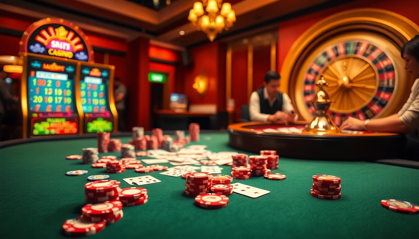 Experience thrilling gameplay at Nhà cái xin88 with vibrant casino tables filled with poker chips and lively players.