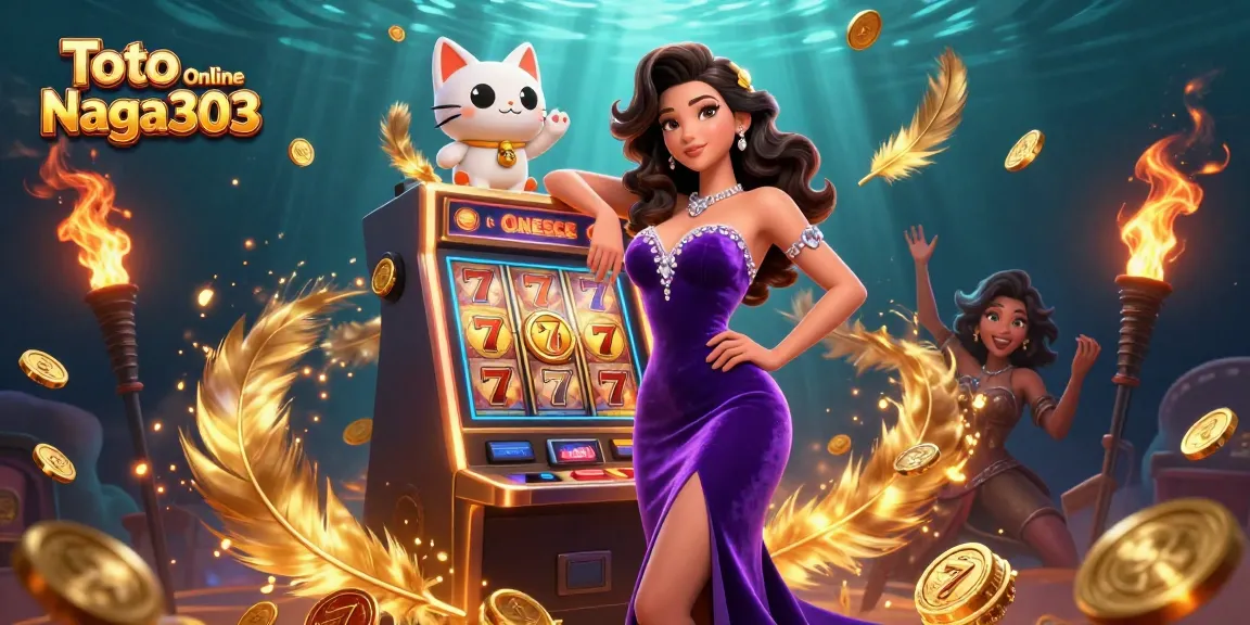 Toto Online Naga303 showcases a glamorous jackpot scene with a stunning woman beside a slot machine, full of excitement.