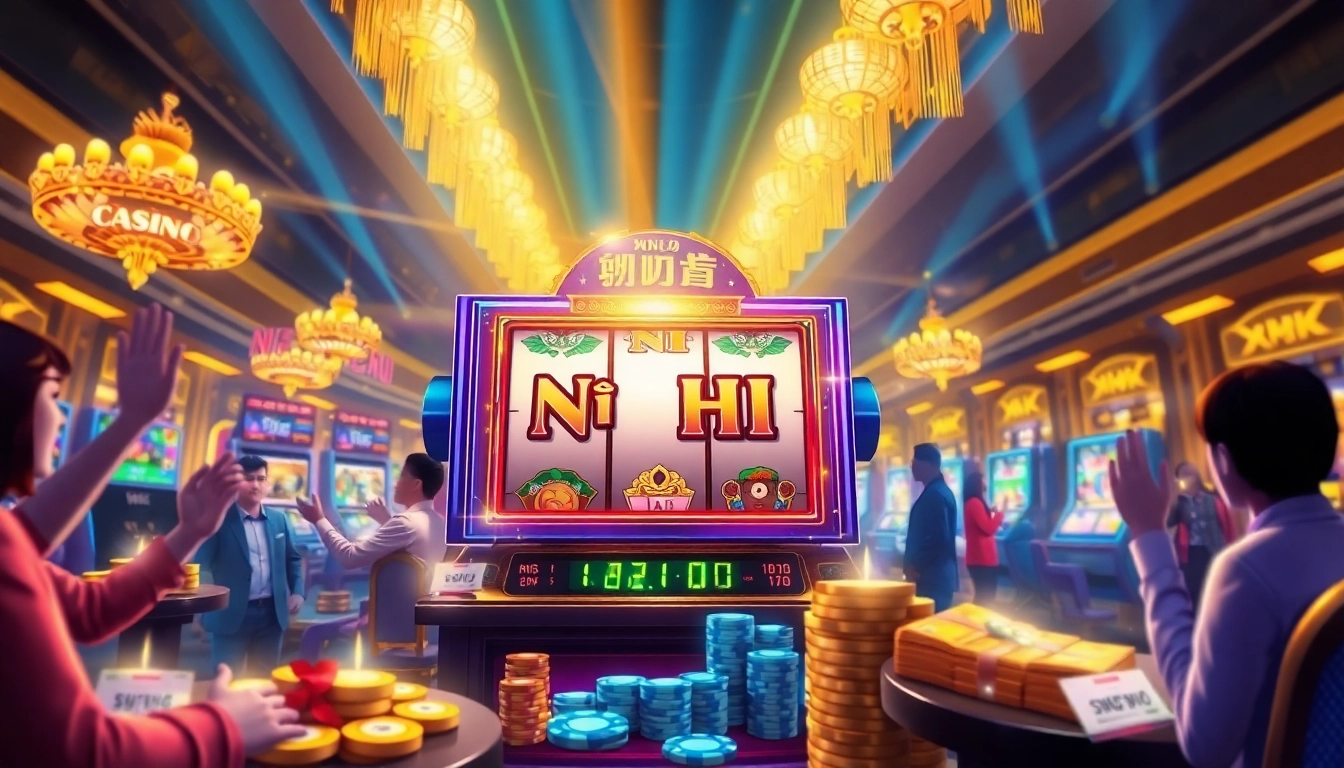 Nổ Hũ slot machine in a luxurious casino atmosphere with vibrant graphics and excited players.