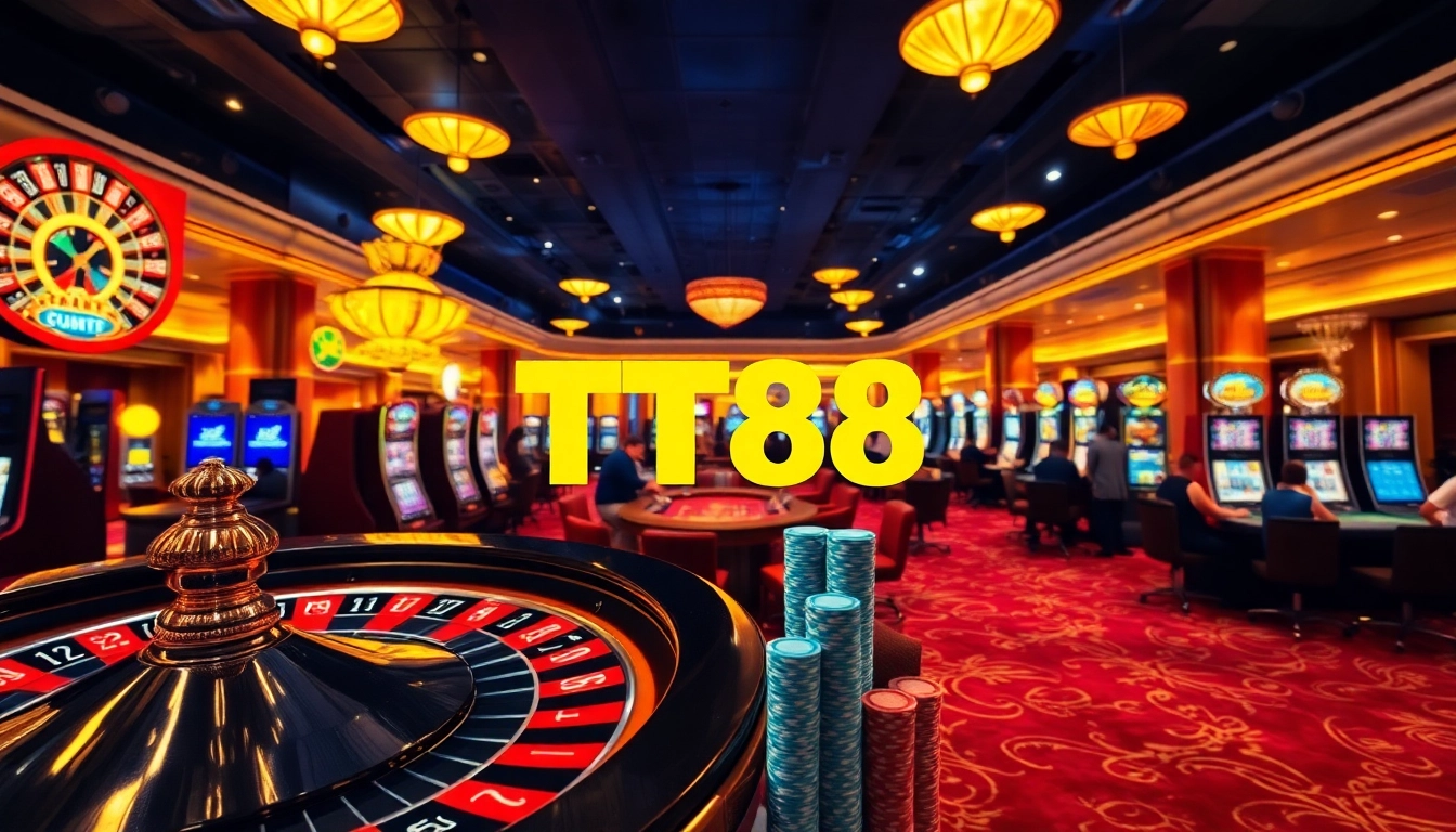 Experience thrilling gaming at TT88 with vibrant casino tables and glowing slot machines.