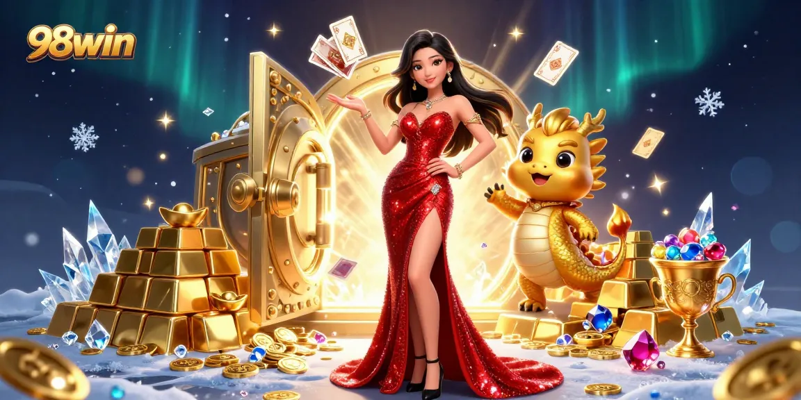 Experience thrilling gameplay with 98win's vibrant 3D casino illustration full of excitement and gold.