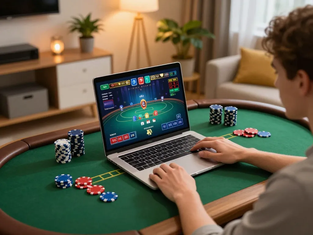 Engaging online poker session on 98win9 with vibrant home setup, showing laptop and poker chips.