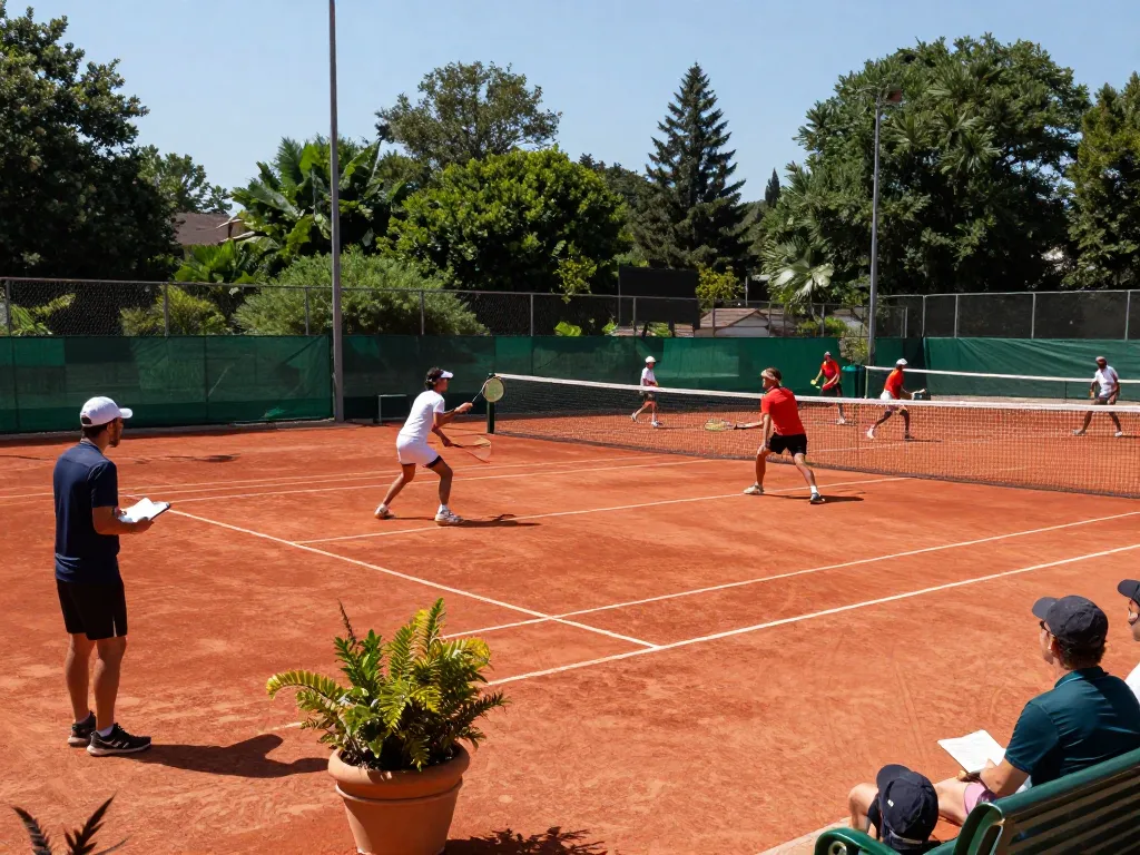 Players competing on a vibrant Hybrid Clay tennis court under blue skies, showcasing performance and excitement.