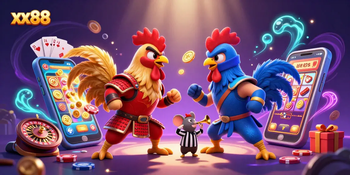 xx88 showcases fighting roosters in a thrilling standoff surrounded by dynamic casino elements.