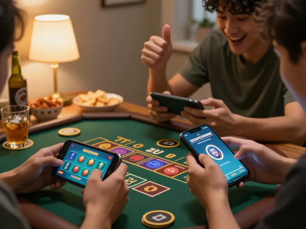 xocdiavn players strategizing their bets on smartphones in a cozy home environment