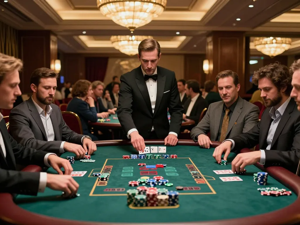 Players strategizing at a blackjack table in an upscale casino environment, showcasing the excitement of 388bet gaming