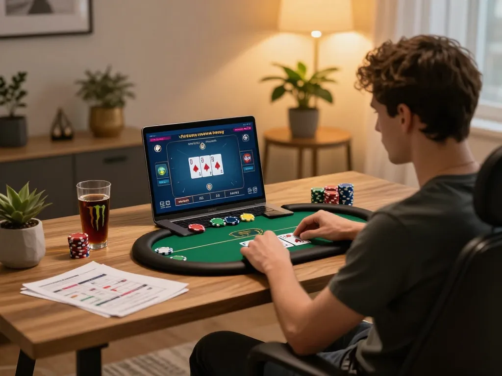 Player strategizing poker in online game on laptop at home, enjoying the experience with xx88.