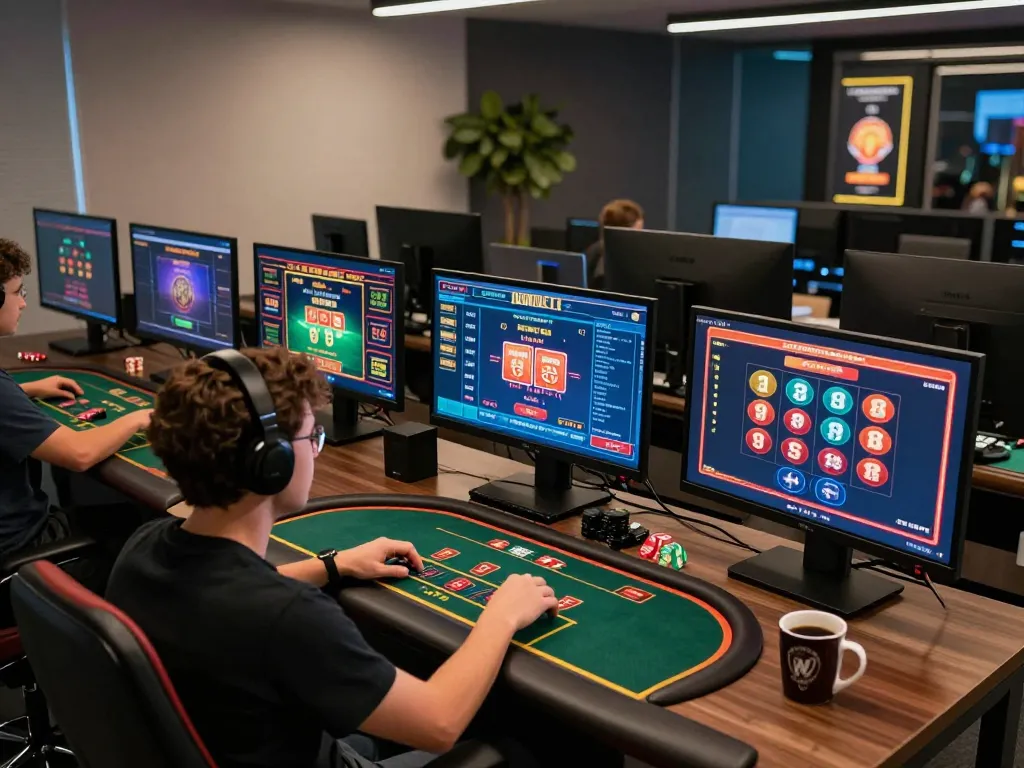 Experience dynamic online gaming with five88, showcasing various casino games on multiple screens for immersive gameplay.