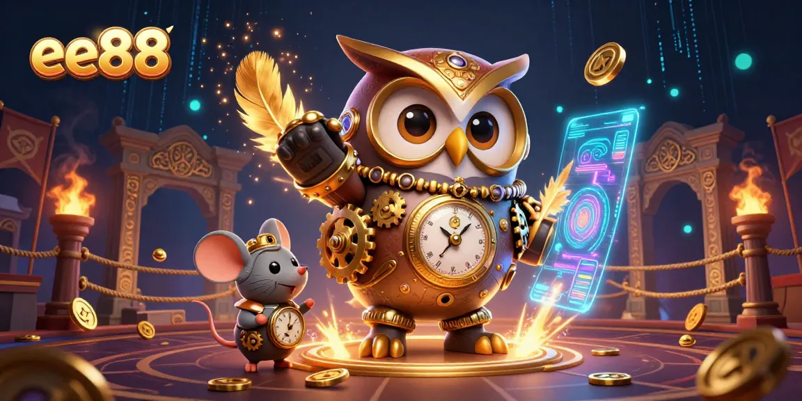 Engage in thrilling games with ee88's vibrant casino atmosphere featuring a whimsical owl and mouse.